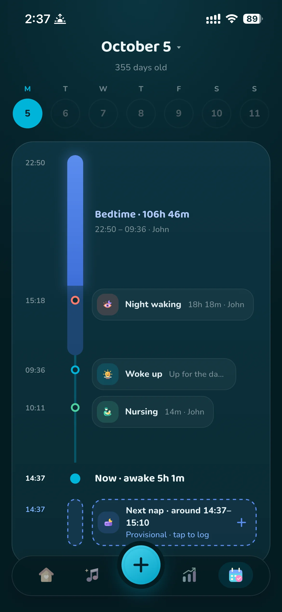 Zorest Cradle daily timeline showing bedtime, night waking, feeding, and naps.